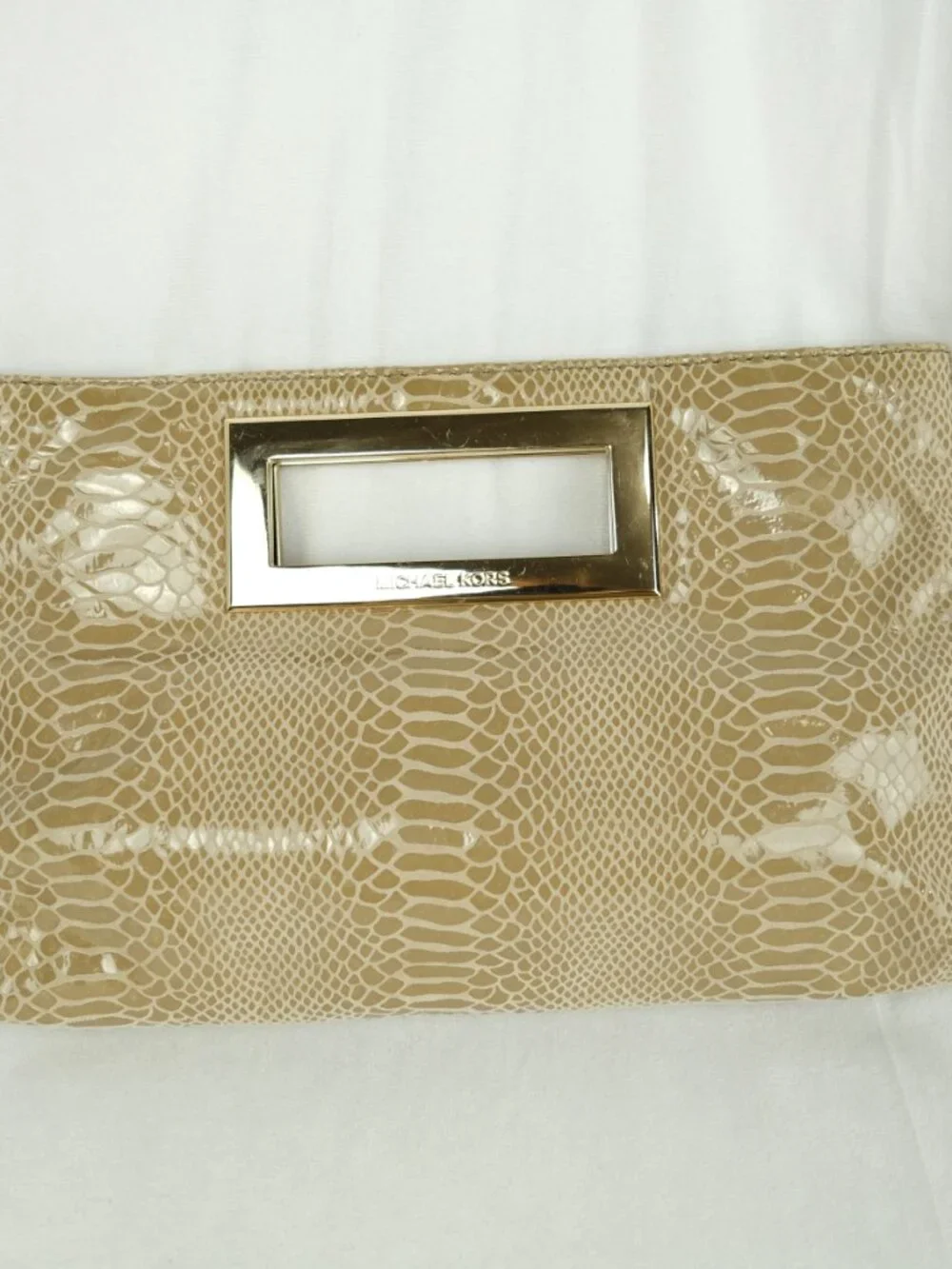 Michael Kors Snakeskin Clutch Gold Metal Handles Soft Beige Purse